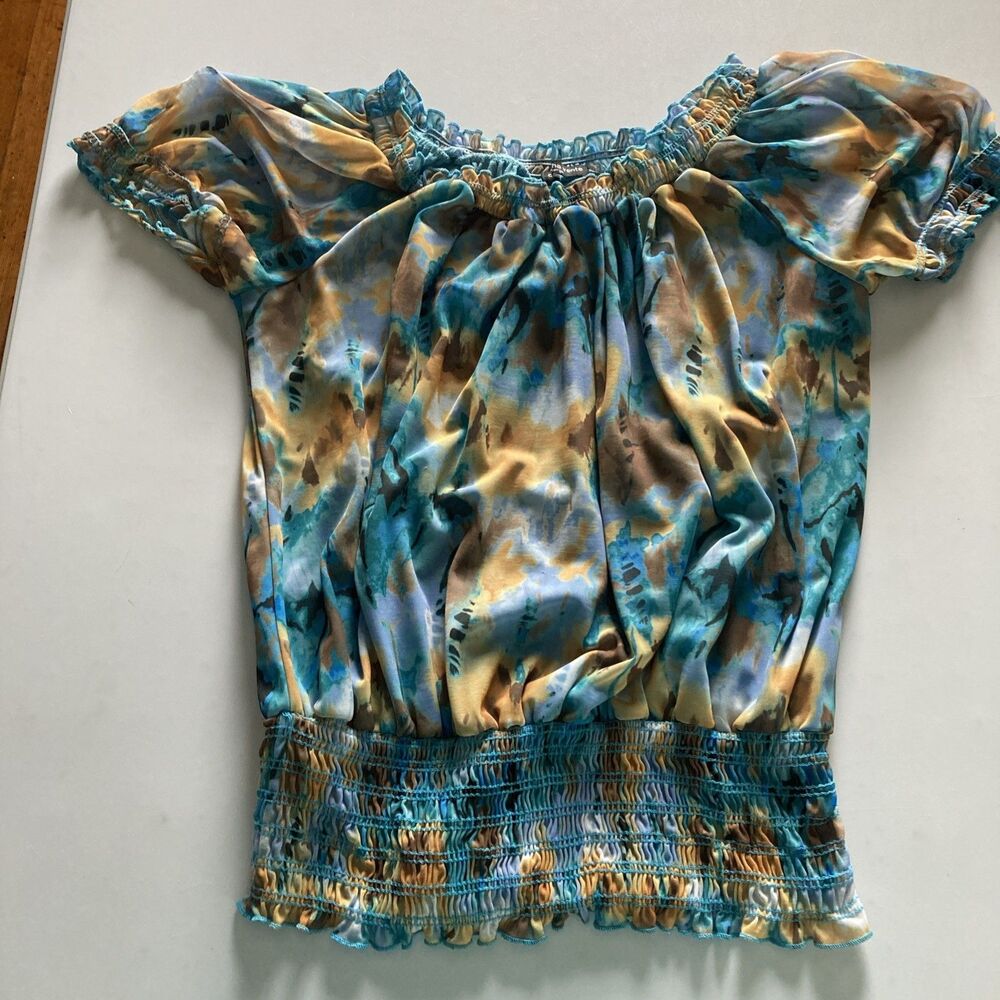 Cha Cha Vente Top Large Blue Gold Peasant Sheer Sleeves Lined Good Condition